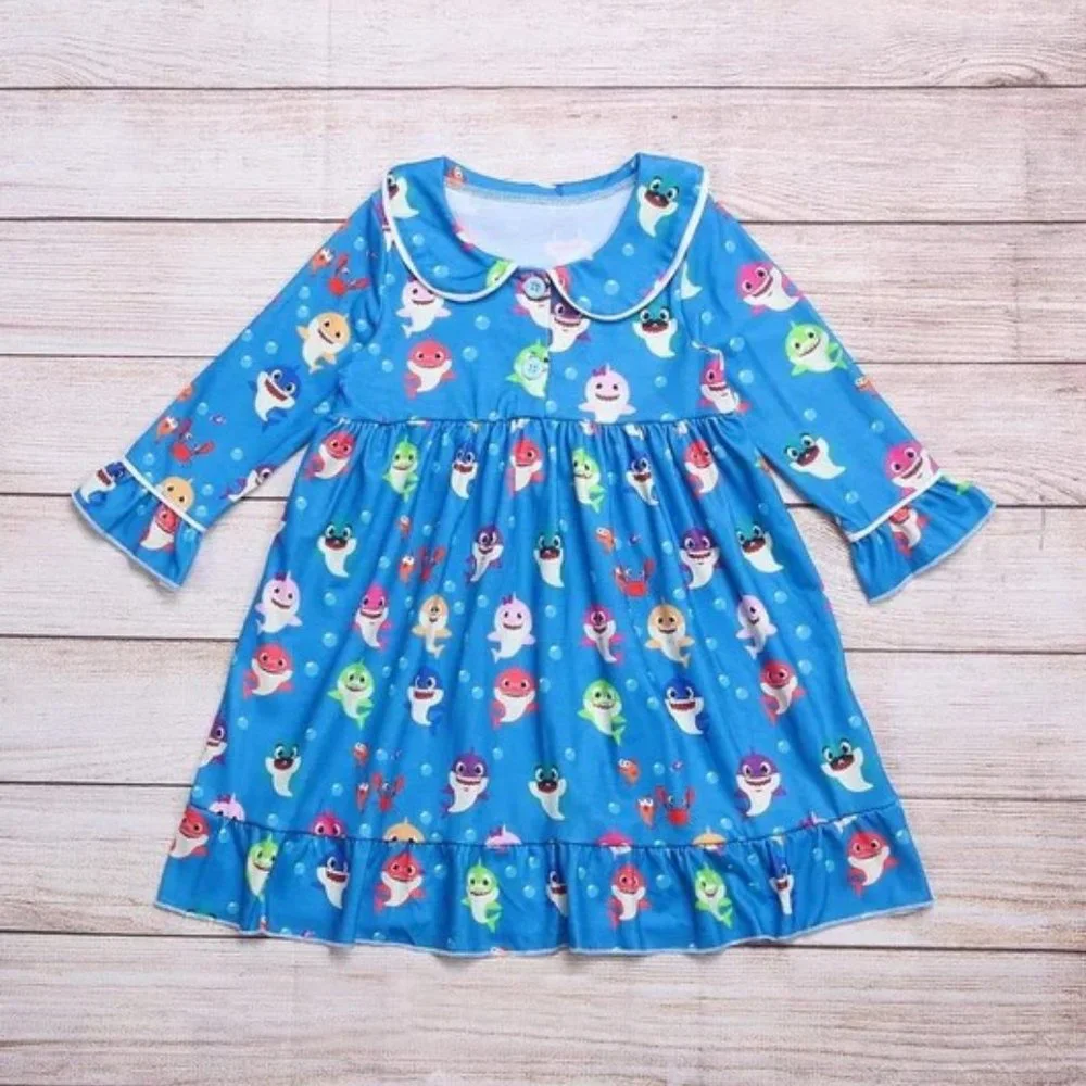 Boutique Baby Shark Girls Long Sleeve Nightgown Pajamas